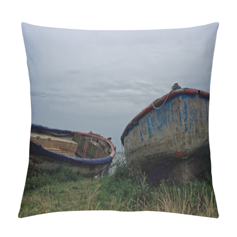 Personality  Abandoned Wooden Boats At A Bay Shore Before Thunderstorm Pillow Covers