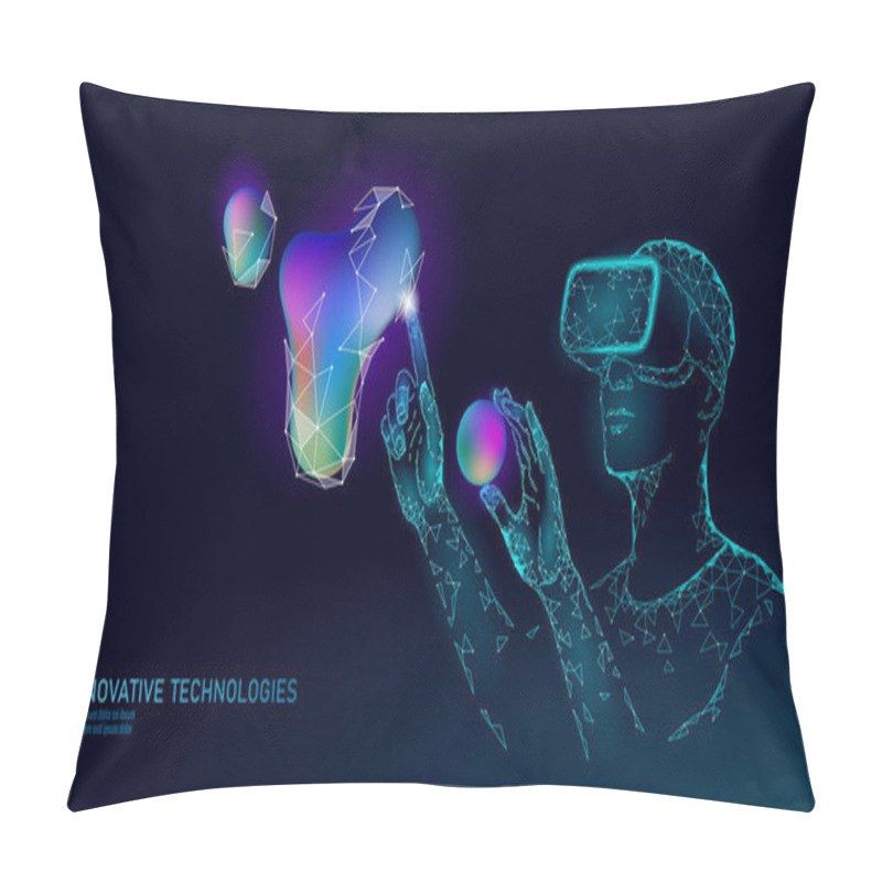 Personality  Virtual Augmented Reality Helmet Low Poly. Innovation Media Entertainment Polygonal Concept. Neon Liquid Gradient Digital Control Science Panel. Man Work Computer Data Analysis Vector Illustration Pillow Covers