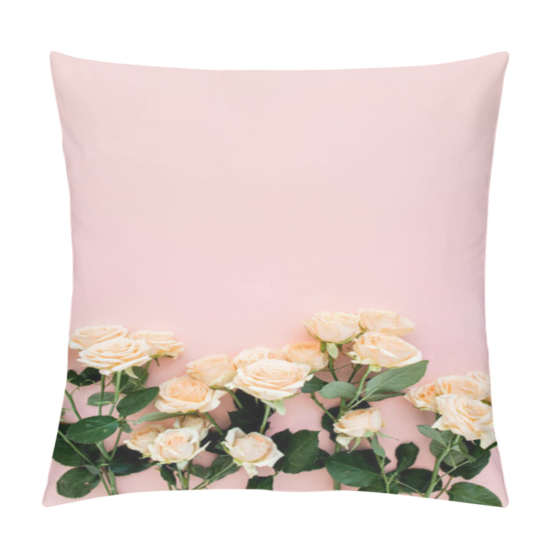 Personality  Pastel Tea Rose Flowers On Pink Background. Floral Background. Minimal Floral Concept. Flat Lay, Top View.  Pillow Covers