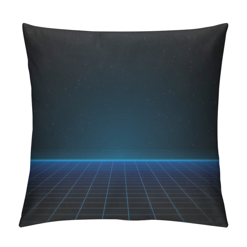 Personality  Synthwave Vaporwave Retrowave Cyber Background With Copy Space, Laser Grid, Starry Sky, Blue Glow. Design For Poster, Cover, Wallpaper, Web, Banner, Etc. VHS Effect. Eps 10. Pillow Covers