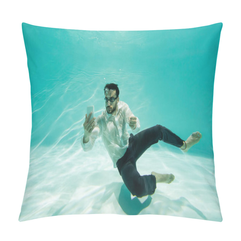 Personality  Arabian Businessman In Goggles Looking At Cellphone In Swimming Pool  Pillow Covers