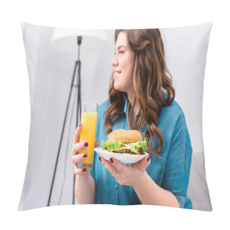 Personality  Overweight Smiling Woman With Glass Of Juice And Burger On Plate In Hands At Home Pillow Covers