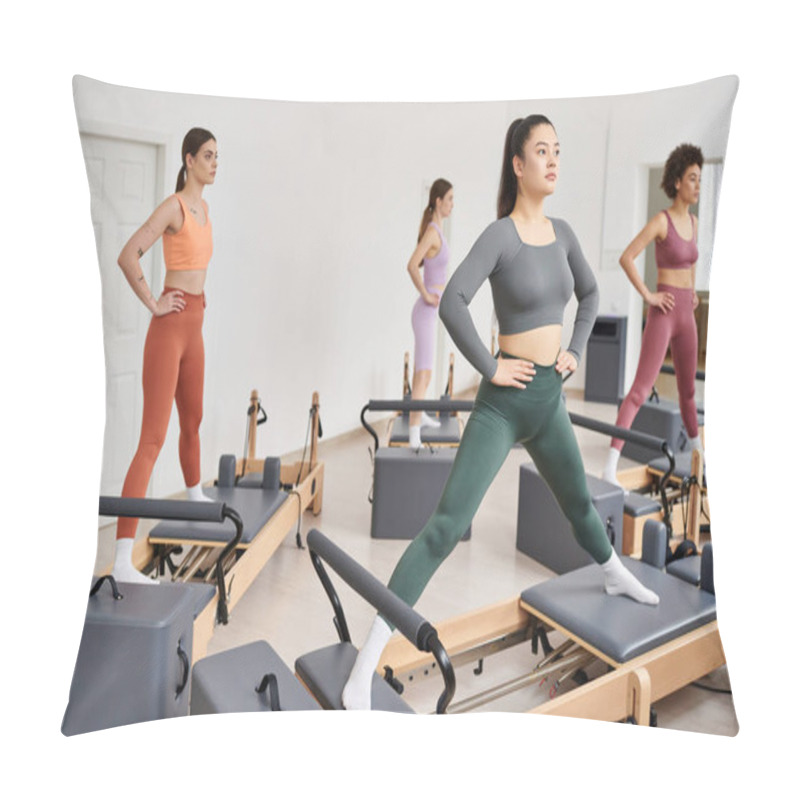 Personality  Group Of Sporty Women Exercising In A Pilates Class. Pillow Covers