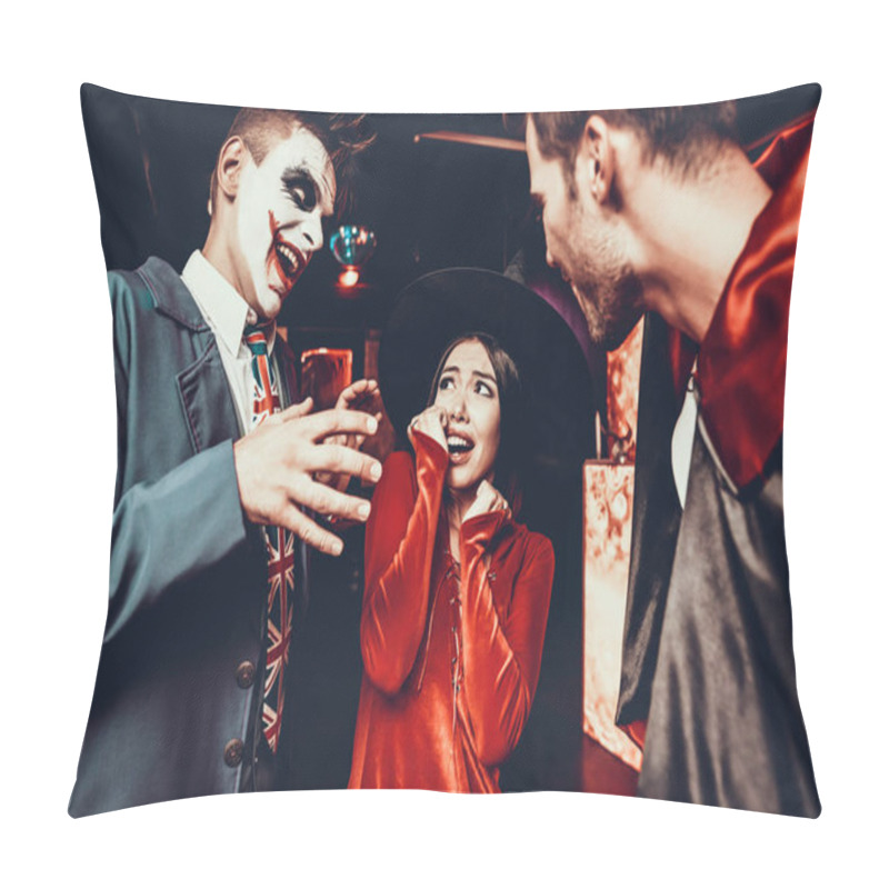 Personality  Young People In Costumes Celebrating Halloween. Group Of Young Happy Friends Wearing Halloween Costumes Having Fun At Party In Nightclub By Doing Scary Faces. Celebration Of Halloween Pillow Covers