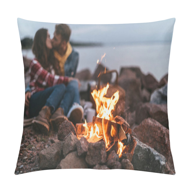 Personality  Selective Focus Of Burning Bonfire Near Couple Kissing And Sitting On Rocks Pillow Covers