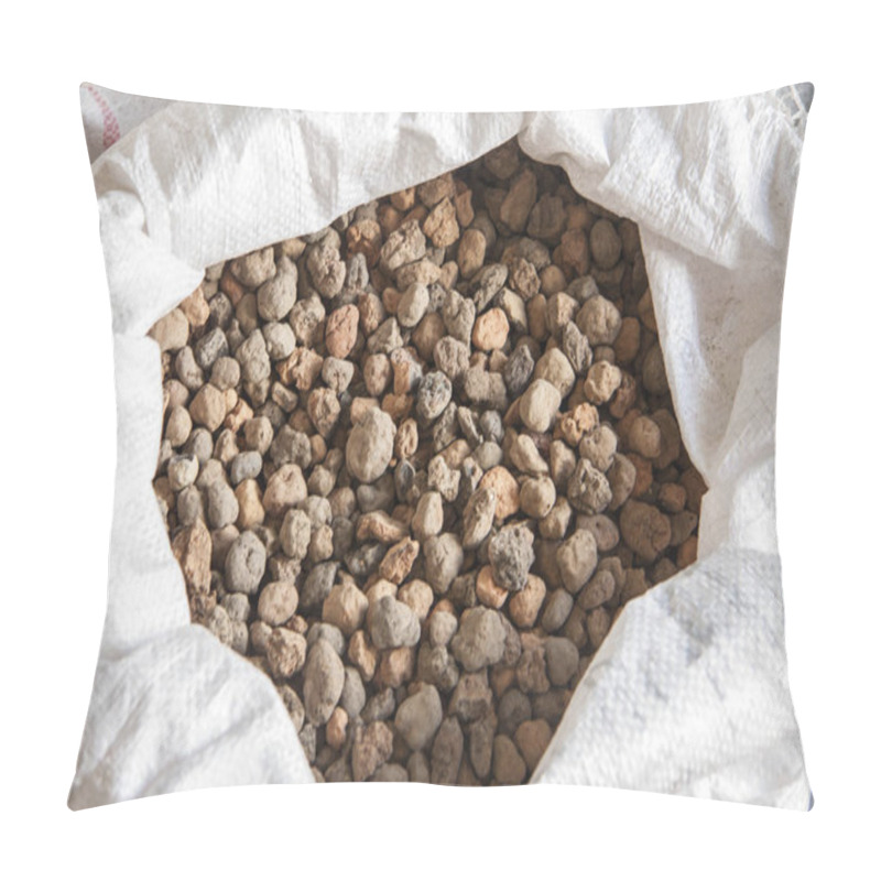 Personality  Natural Mineral For Construction. Expanded Clay Pebbles In A Bag Close-up. Pillow Covers