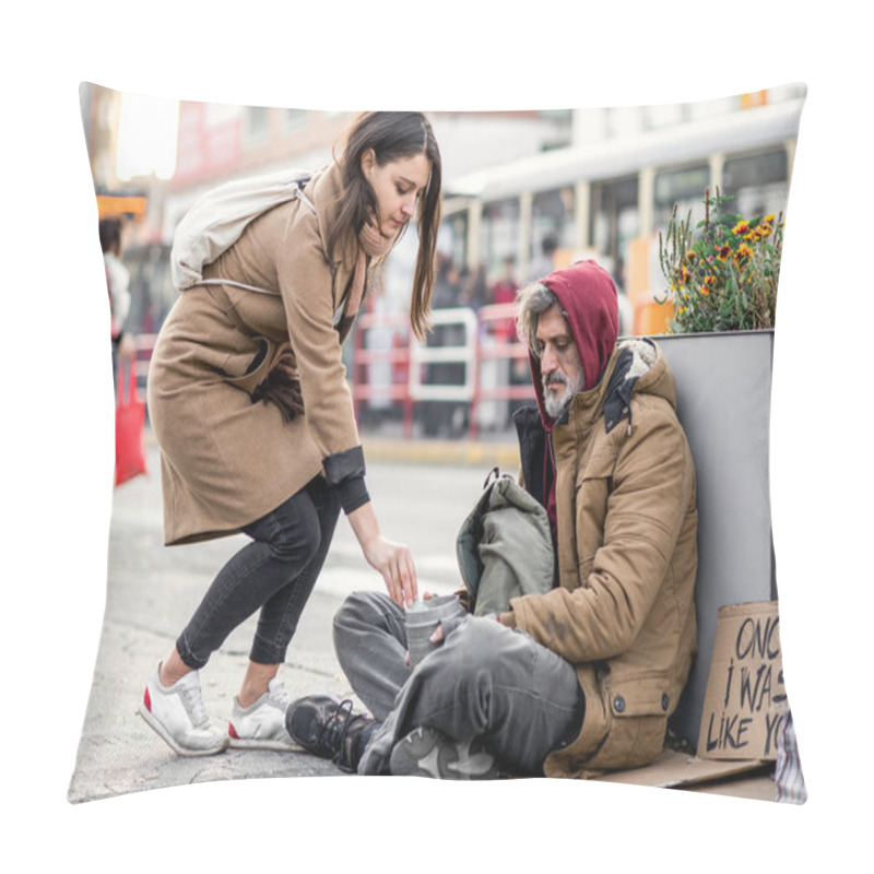 Personality  Young Woman Giving Money To Homeless Beggar Man Sitting In City. Pillow Covers