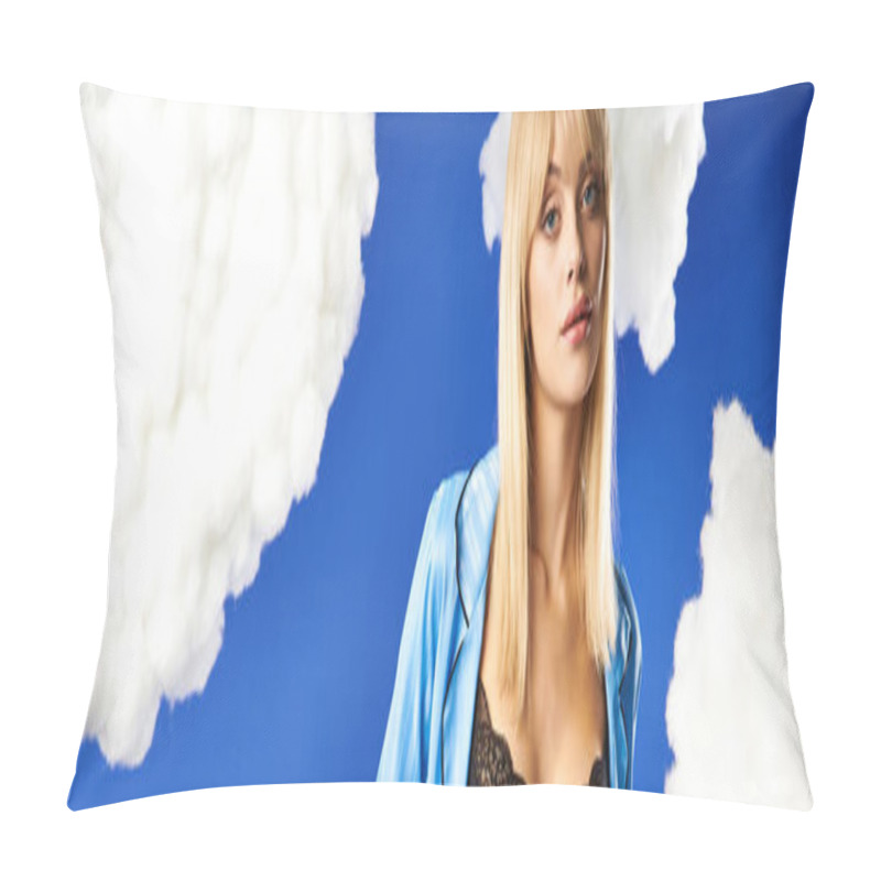 Personality  Alluring Blonde Woman In Vibrant Attire Posing Among Fluffy Clouds And Blue Sky. Pillow Covers