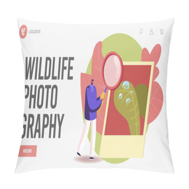 Personality  Close Up Photo Landing Page Template. Tiny Male Character With Huge Magnifier Looking At Photo With Macro Objects Pillow Covers