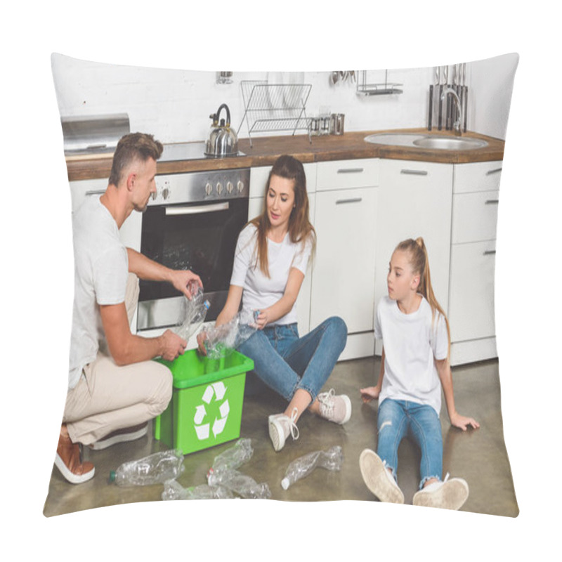 Personality  Family Sitting On Floor At Kitchen And Putting Empty Plastic Bottles In Recycle Box  Pillow Covers