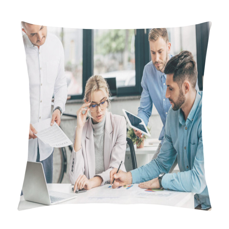 Personality  Young Businesswoman In Eyeglasses Working With Male Colleagues In Office Pillow Covers