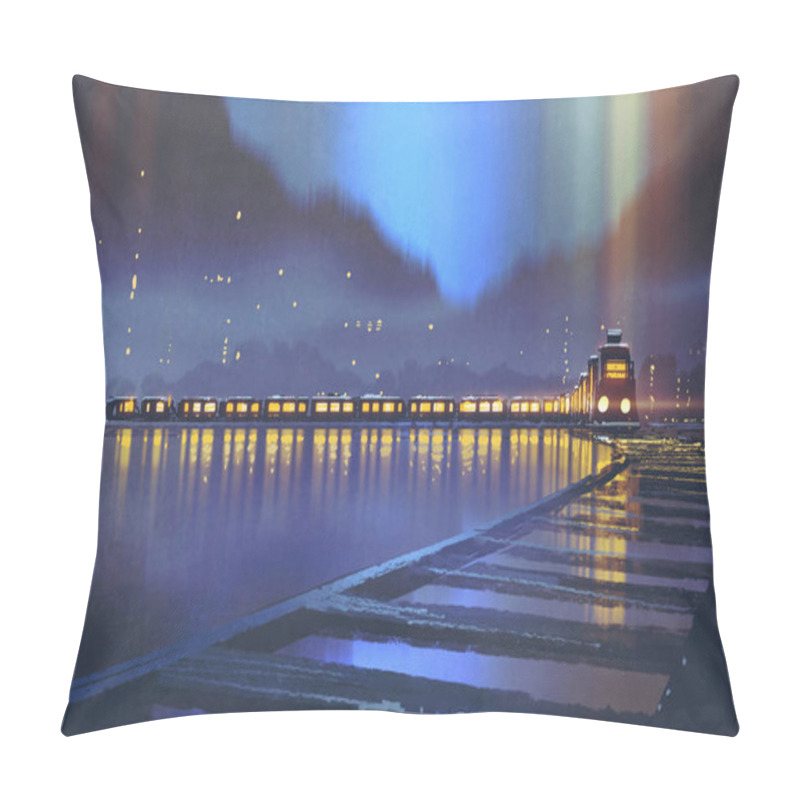 Personality  The Train With Glowing Light Passing Through Valley Above River Pillow Covers