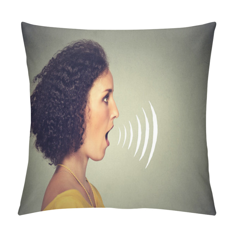 Personality  Side Profile Young Woman Talking With Sound Waves Coming Out Of Her Mouth  Pillow Covers