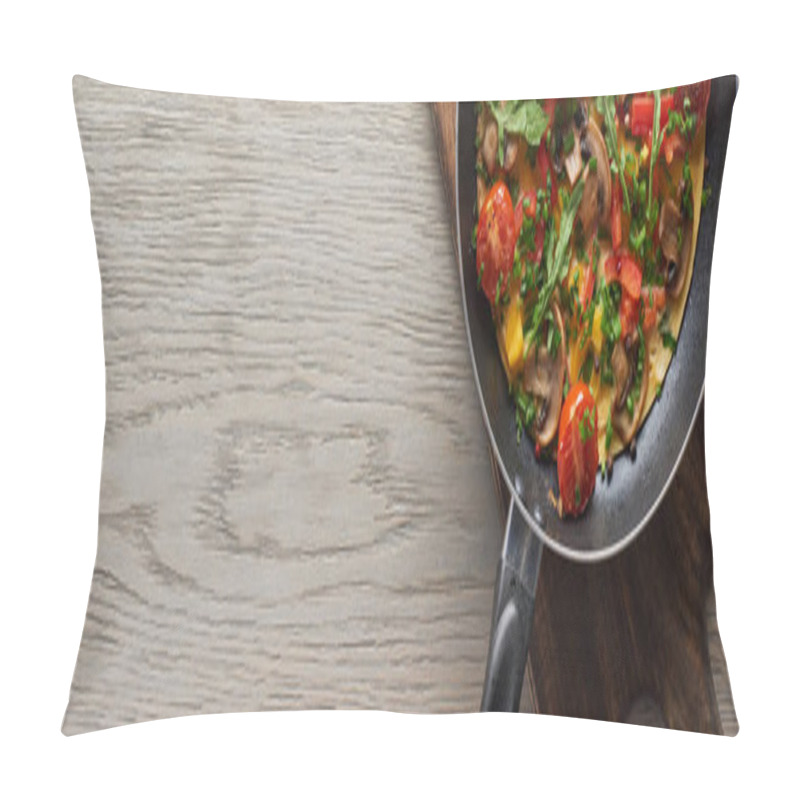 Personality  Top View Of Tasty Omelet In Frying Pan On Wooden Board  Pillow Covers