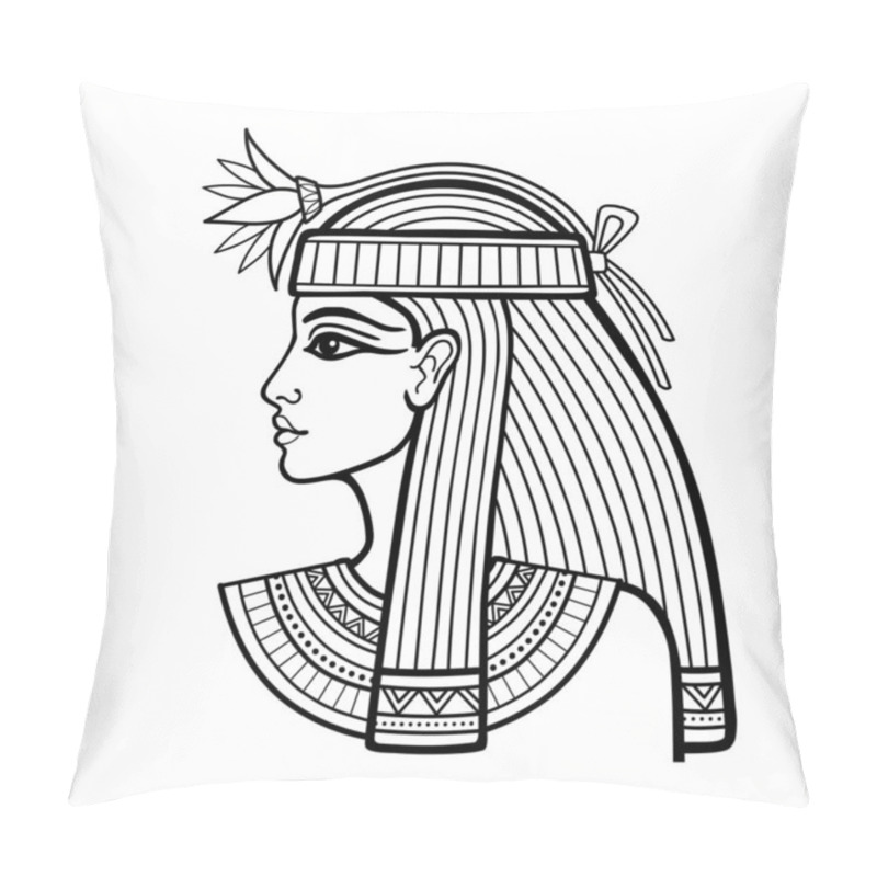 Personality  Animation Linear Portrait Of Beautiful Egyptian Woman With Flower. Goddess, Princess. Profile View. Vector Illustration Isolated On A White Background. Print, Poster, T-shirt, Tattoo. Pillow Covers