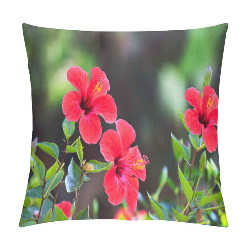 Personality  Red Hibiscus Flower Over Natural Green Bokeh Background Pillow Covers