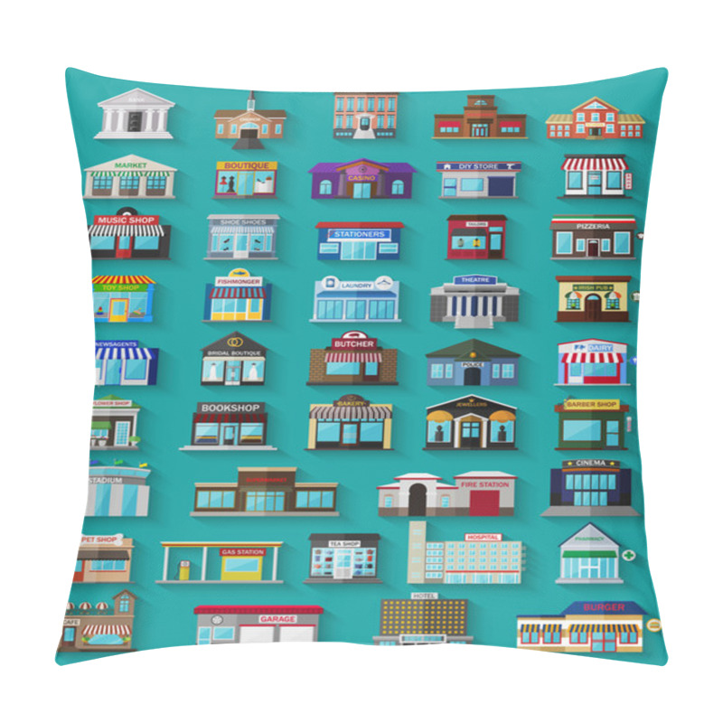 Personality  Set Of The Flat City Buildings And Shops Pillow Covers