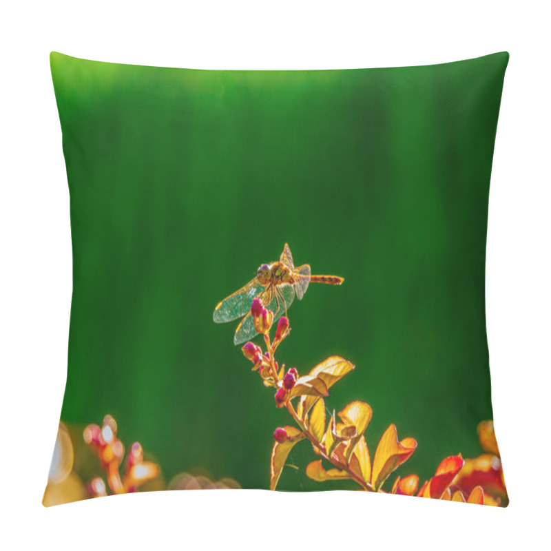 Personality  Dragonfly Perched On Vibrant Flower Buds Against A Lush Green Background Pillow Covers