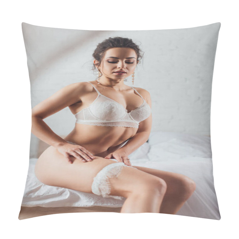 Personality  Selective Focus Of Sexy Bride In Lace Bra Touching Grater On Bed  Pillow Covers