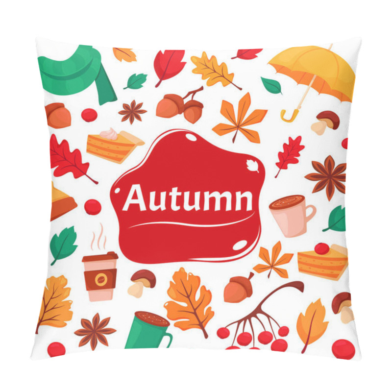 Personality  Set Of Autumn Elements: Acorns, Cup Of Coffee, Fall Leaves, Rowanberry, Viburnum, Scarf, Pumpkin Pie. Vector Illustration Pillow Covers