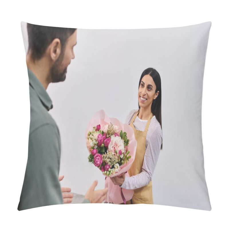 Personality  Florist Engages With A Man To Help Choose The Perfect Floral Arrangement In Her Shop. Pillow Covers