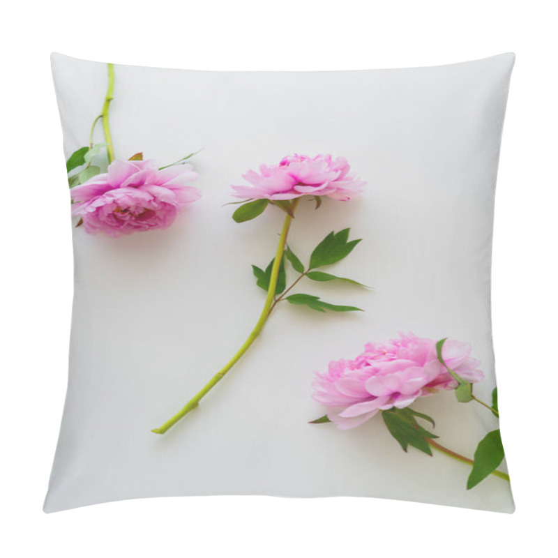 Personality  Top View Of Fresh Pink Peonies On White Background Pillow Covers