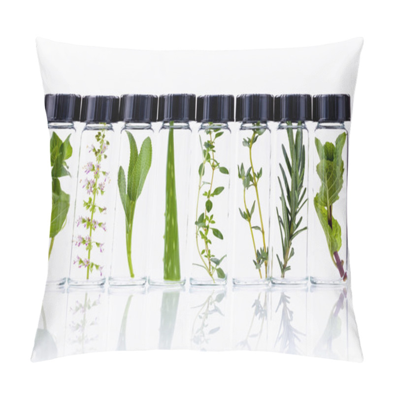 Personality  Bottle Of Essential Oil With Herb Holy Basil Flowers, Rosemary,o Pillow Covers