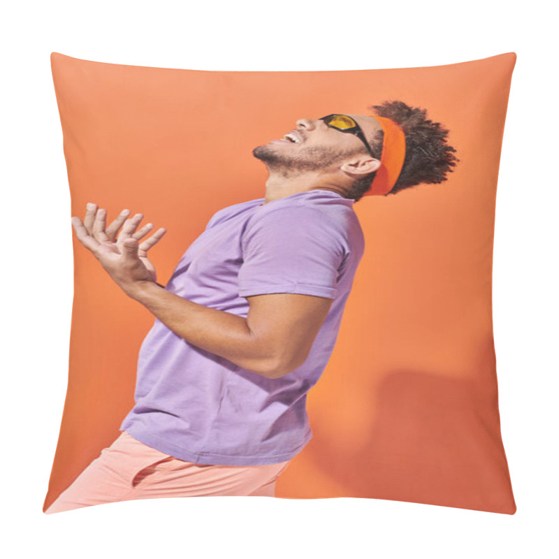 Personality  Expressive African American Man In Eyeglasses And Headband Screaming On Orange Background, Gesture Pillow Covers