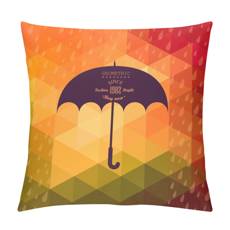 Personality  Retro Umbrella Symbol On Hipster Background Made Of Triangles Retro Background With Rain Pattern And Geometric Shapes.Label Design. Square Composition With Geometric Shapes, Color Flow Effect. Pillow Covers