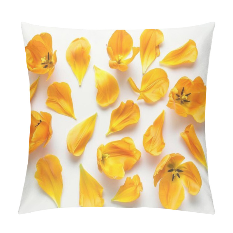 Personality  A Vibrant Arrangement Of Bright Orange Tulip Petals Scattered On A White Background, Creating A Cheerful And Lively Atmosphere. Pillow Covers