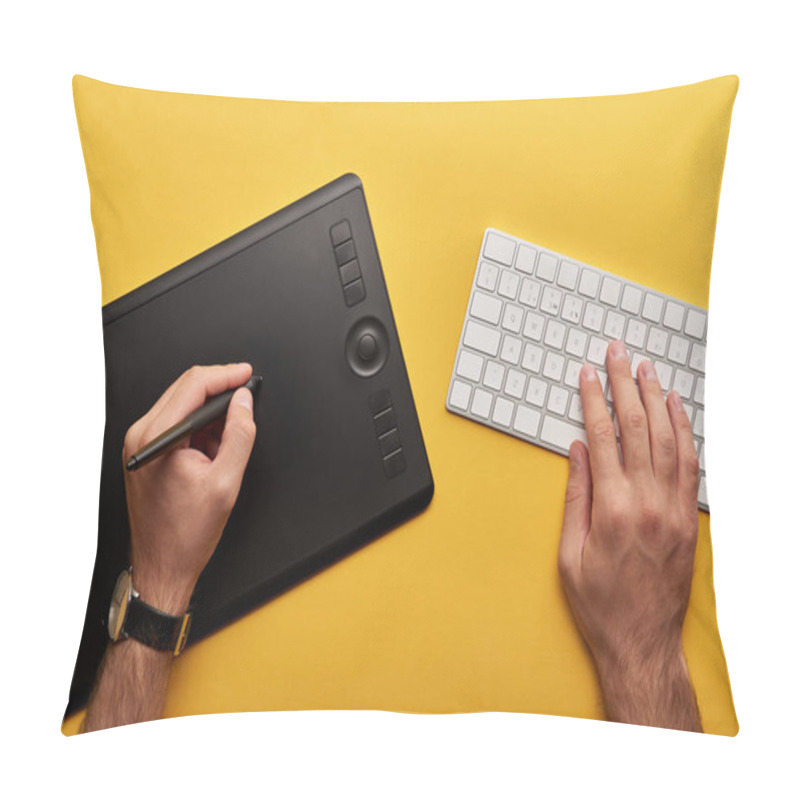 Personality  Cropped Shot Of Designer Drawing With Graphics Tablet And Keyboard On Yellow Surface Pillow Covers