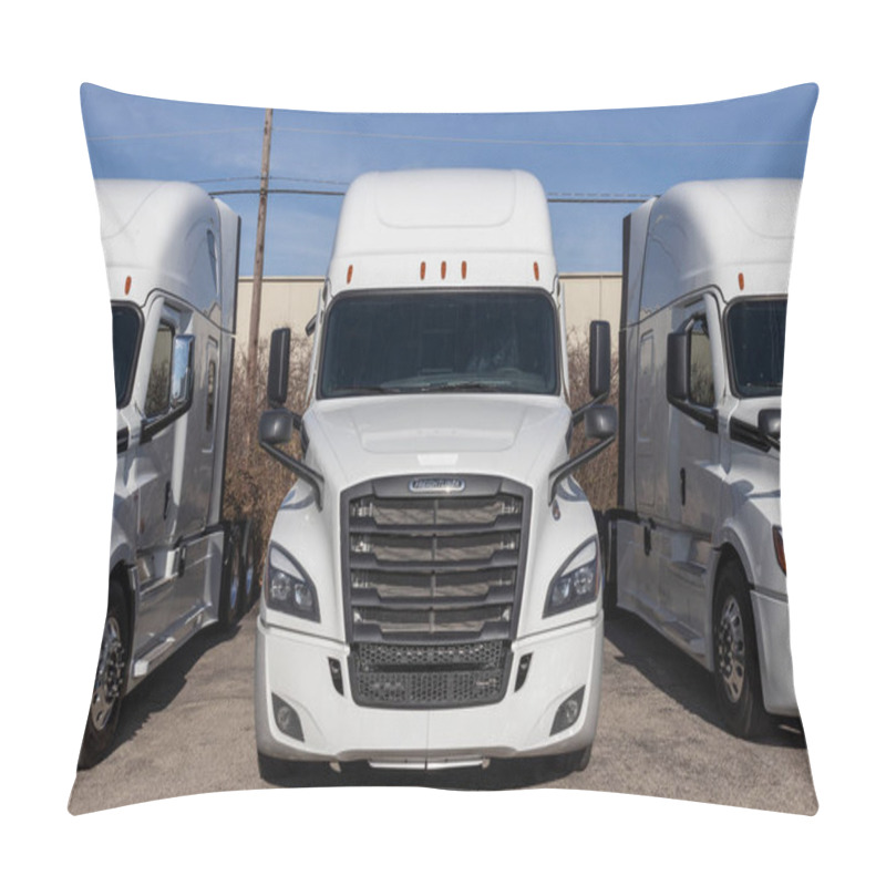 Personality  Cincinnati - Circa December 2021: Freightliner Semi Tractor Trailer Trucks Lined Up For Sale. Freightliner Is Owned By Daimler. Pillow Covers