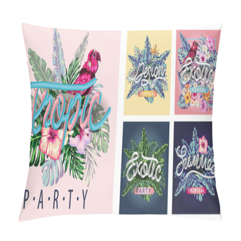 Personality  Background With Banana Leaves. Decorative Image Of Tropical Foliage, Flowers And Birds. Design Of Advertising Booklets, Banners, Flyers, Postcards, Printing On Textiles. Pillow Covers