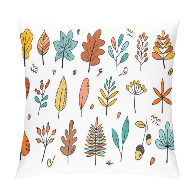 Personality  Set Of Autumn Bright Leaves With Decorative Elements. Doodle Style. Hello, Autumn. Design Or Sticker. Isolated Vector Illustration Pillow Covers