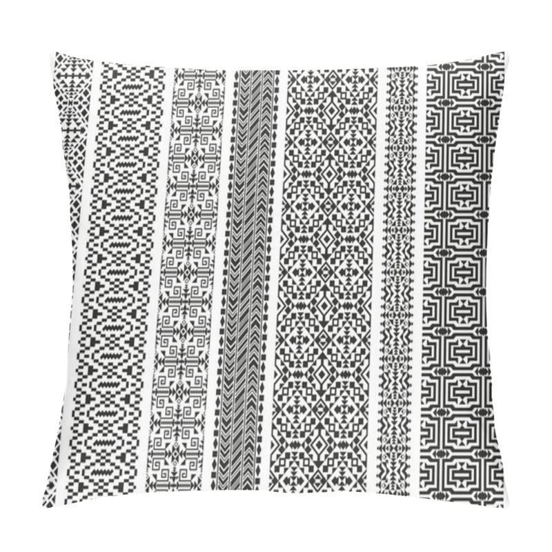 Personality  Set Of Tribal Seamless Patterns. American Indian Or Asian Motifs. Black Vector Illustration. Good For Frames, Borders And Like A Background. Abstract Geometric Collection. Stripes In Ethnic Style Pillow Covers