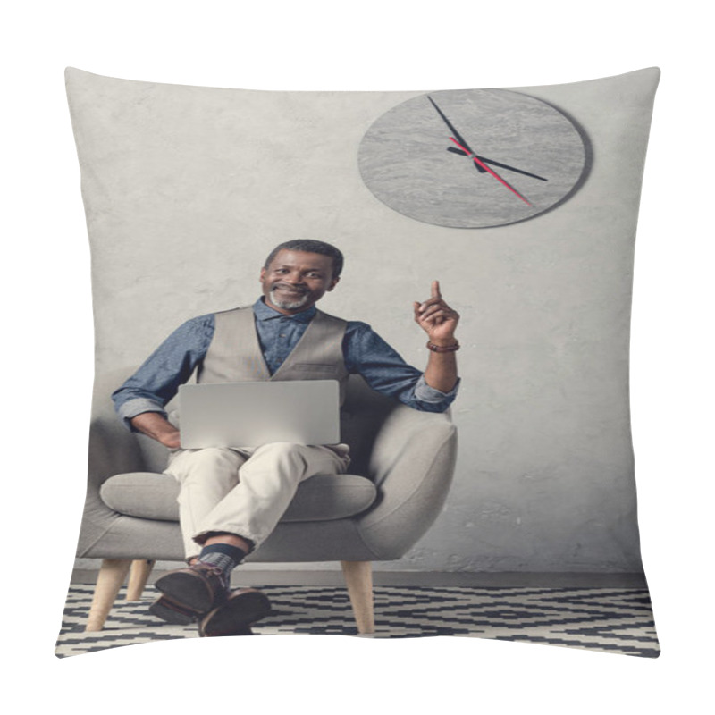 Personality  Stylish African American Businessman Pointing Up And Using Laptop In Office With Clock On Wall Pillow Covers