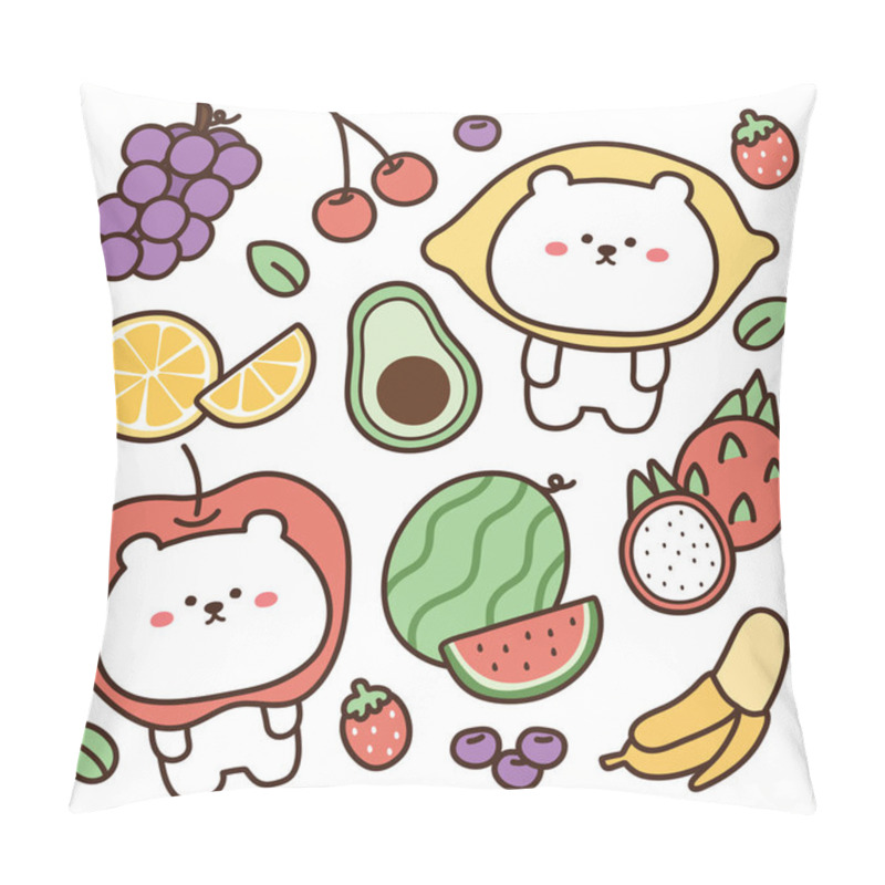 Personality  Fruit And Bear Hand Drawn On White Background.Grapes,apple,dragon Fruit,lemon,banana.kiwi,waterlemon,strawberry Doodle.Image For Card,sticker.Kawaii.Isolated Objects.Vector.Illustration. Pillow Covers