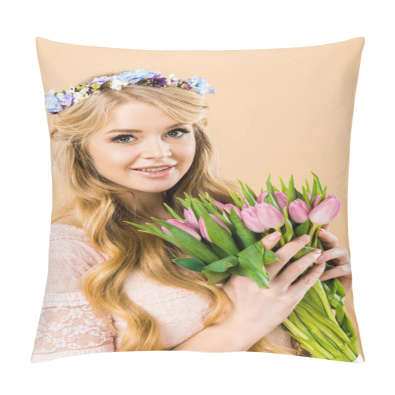 Personality  Smiling Woman In Wreath Of Flowers Holding Bouquet Of Pink Tulips And Looking At Camera On Yellow Background Pillow Covers