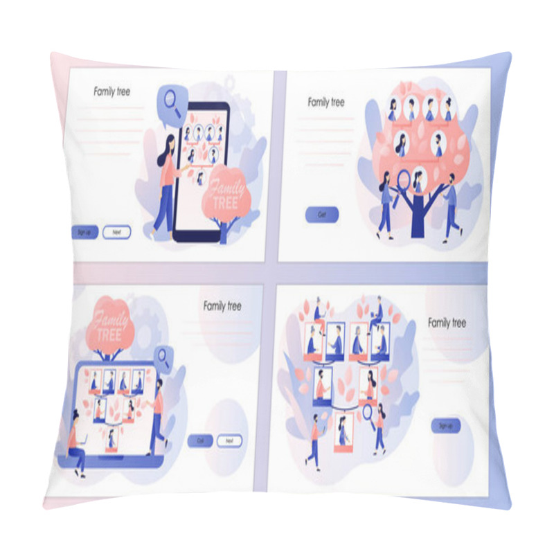 Personality  Family Tree. Genealogy. Pedigree. Tiny People Grandparents, Parents, Children. Screen Template For Landing Page, Template, Ui, Web, Mobile App, Poster, Banner, Flyer. Vector Illustration Pillow Covers