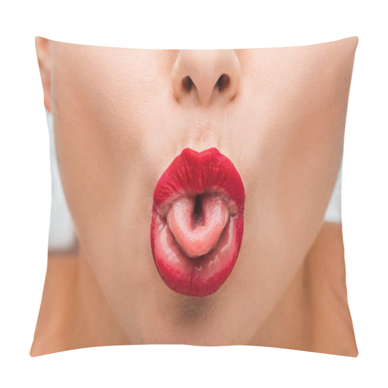 Personality  Cropped View Of Young Woman With Red Lips Sticking Out Tongue Isolated On White  Pillow Covers