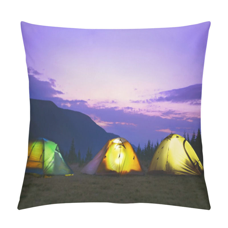 Personality  Illuminated Camping Tents  In Dark Blue Sky ,Carpathian ,Ukraine Pillow Covers