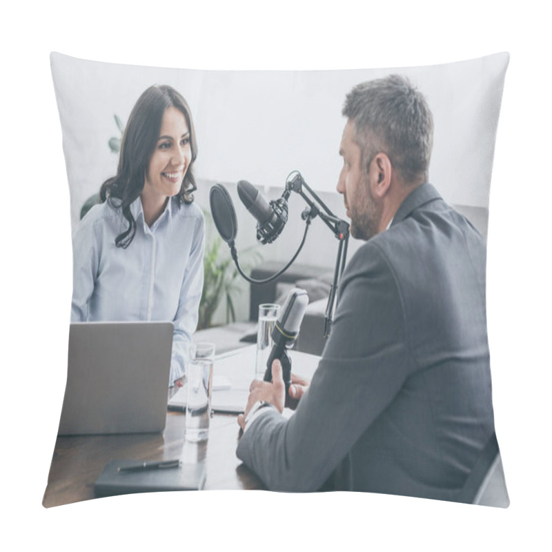 Personality  Attractive Smiling Radio Host Interviewing Businessman In Radio Studio Pillow Covers