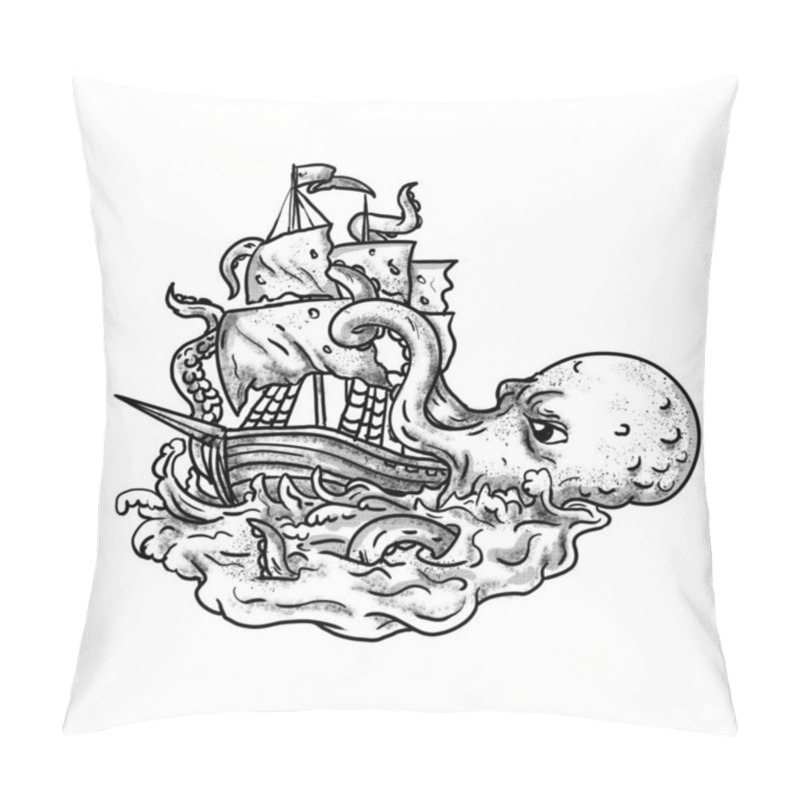 Personality  Tattoo Style Illustration Of A Kraken, A Legendary Cephalopod-like Giant Sea Monster Attacking A Sailing Ship With Its Tentacles On Sea With Tumultuous Waves In Grayscale Or Greyscale. Pillow Covers