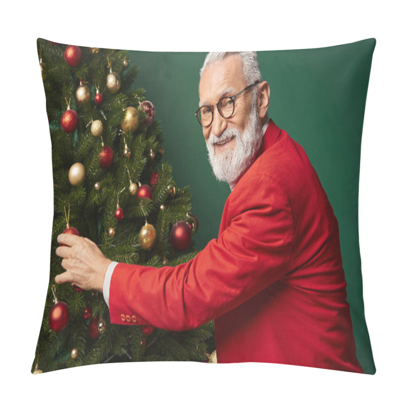 Personality  Joyous Man Dressed As Stylish Santa In Glasses Touching Red Marble On Fir Tree, Winter Concept Pillow Covers