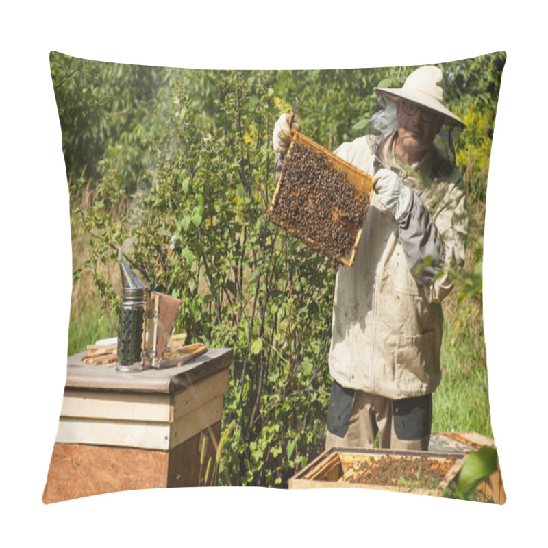 Personality  The Beekeeper Looks At The Beehive. Honey Collection And Bee Control. Bee Breeding And Bee Keeping. Pillow Covers