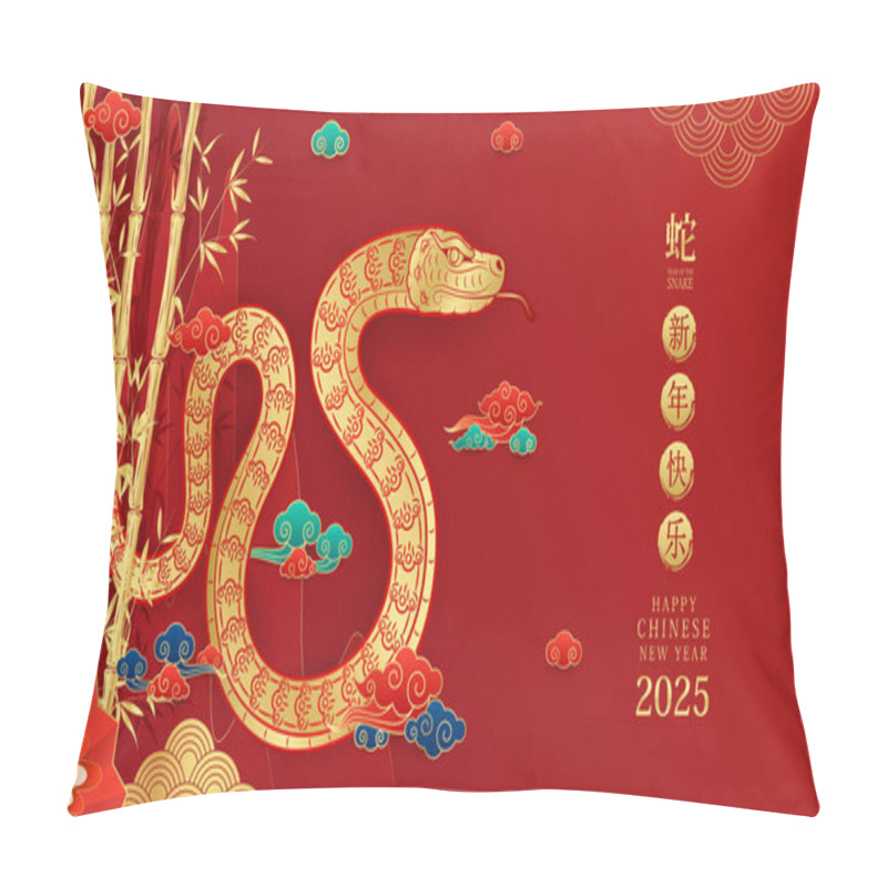 Personality  Happy Chinese New Year 2025. Chinese Snake Gold Zodiac Sign With Bamboo Tree On Mountain Red Background For Card Design. China Lunar Calendar Animal. Translation Happy New Year 2025, Snake. Vector. Pillow Covers