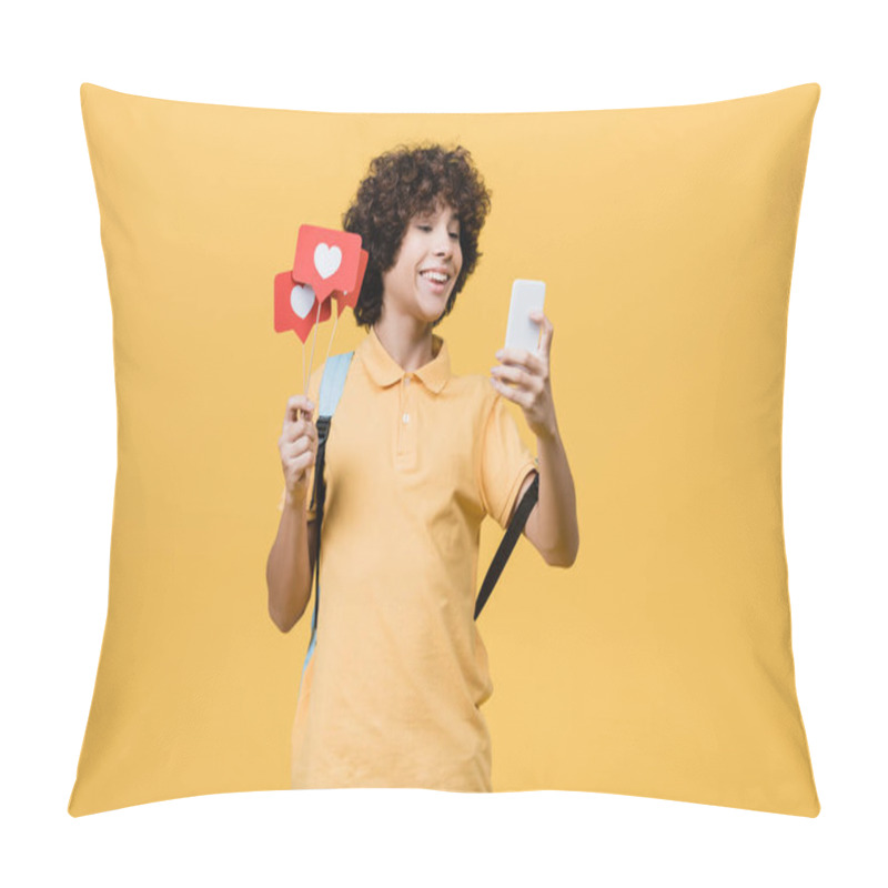 Personality  Curly Teenager Smiling While Holding Paper Hearts On Sticks And Smartphone Isolated On Yellow Pillow Covers