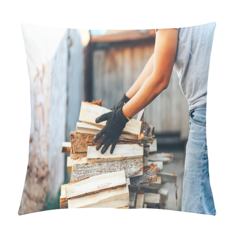 Personality  A Pile Of Stacked Firewood, Prepared For Heating The House. Gathering Fire Wood For Winter Or Bonfire. Man Holds Fire Wood In Hands Pillow Covers