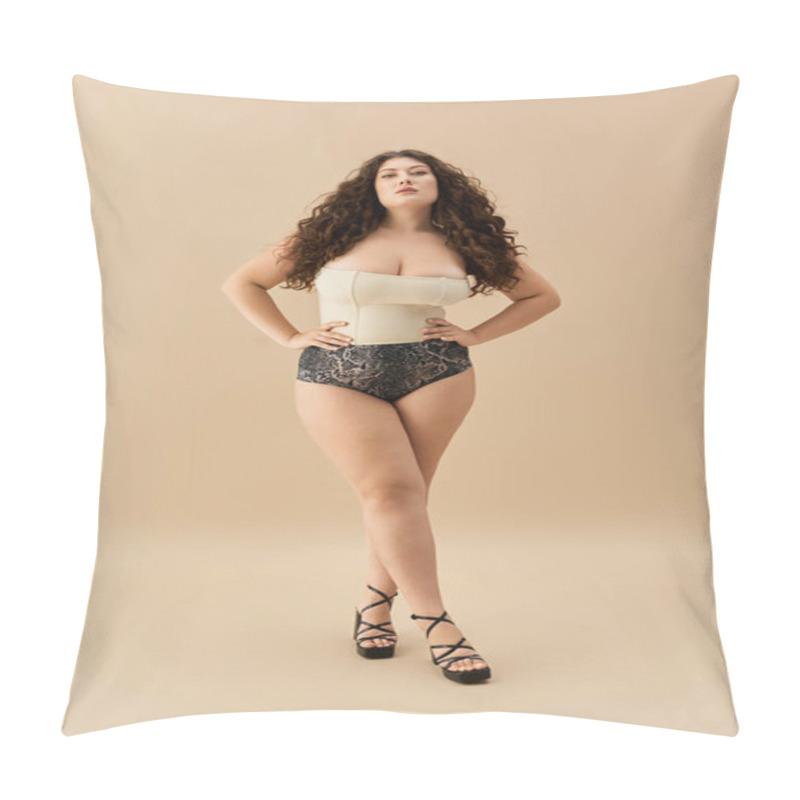 Personality  Young Woman Exudes Confidence In Stylish Underwear, Poised Against A Soft Backdrop. Pillow Covers