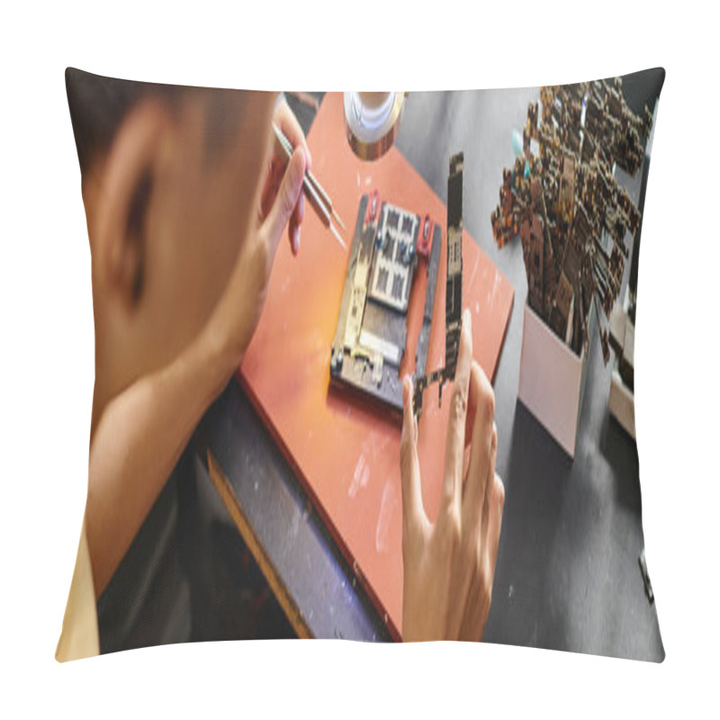 Personality  High Angle View Of Repairman Assembling Microprocessor While Working In Repair Workshop, Banner Pillow Covers